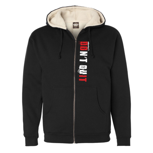 a black sherpa hoodie with the Don't Quit decal on the left side of the zipper