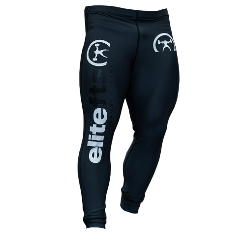a pair of dark gray compression pants with decals on various parts of the product