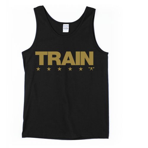 a tank top with a gold Train Flag logo, five stars under the word "Train"