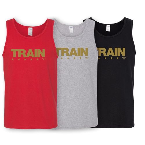 a tank top with a gold Train Flag logo, five stars under the word "Train"