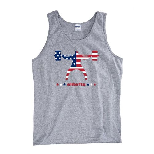 photo showing light gray tank-top with the Squatter logo, colored in an American Flag color scheme