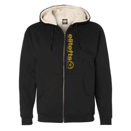 a black sherpa zip hoodie with a vegas gold EliteFTS tagline on the left side of the zipper