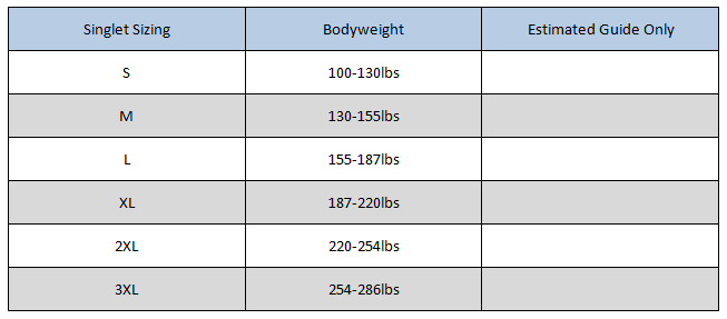 ELITEFTS 2T COMPETITION SINGLET SIZING CHART