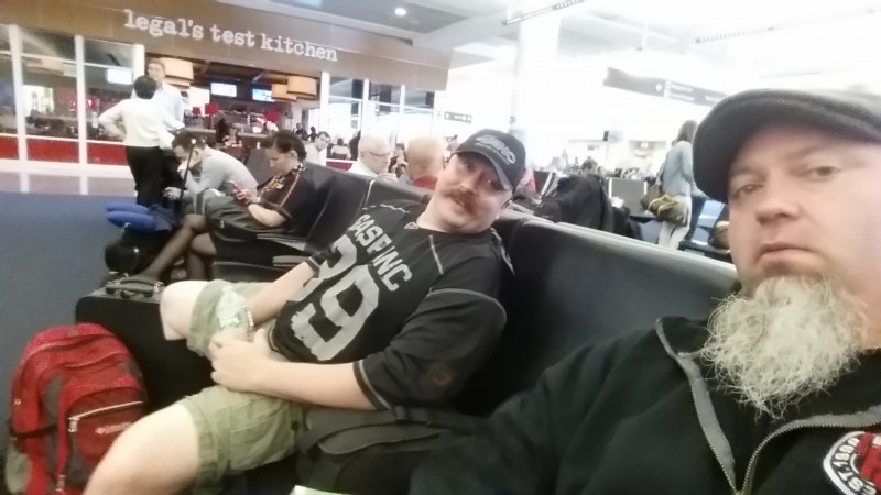 Me and the Stache waiting for our flight to leave after an hour delay.