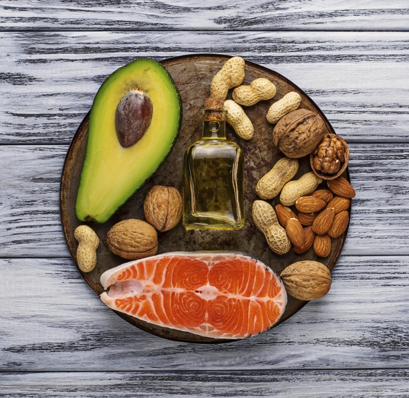 Healthy fat salmon, avocado, oil, nuts