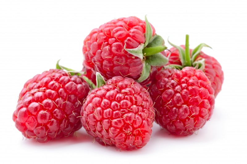 Five Fresh raspberries in white background