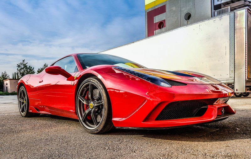 March 2017: Ferrari 458 supercar parked at Circuit de Barcelona-