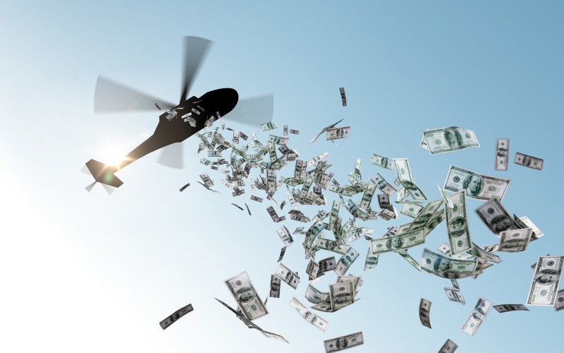 helicopter dropping money in sky